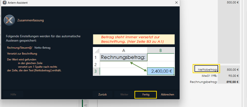 Referenzbeschriftung Assistent für Netto-Betrag